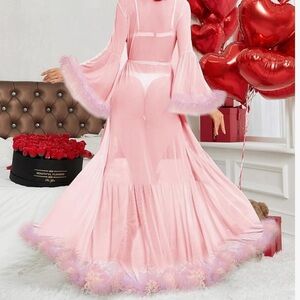Sheer Pink Marabou-Trim Robe - Women Intimates & Sleepwear